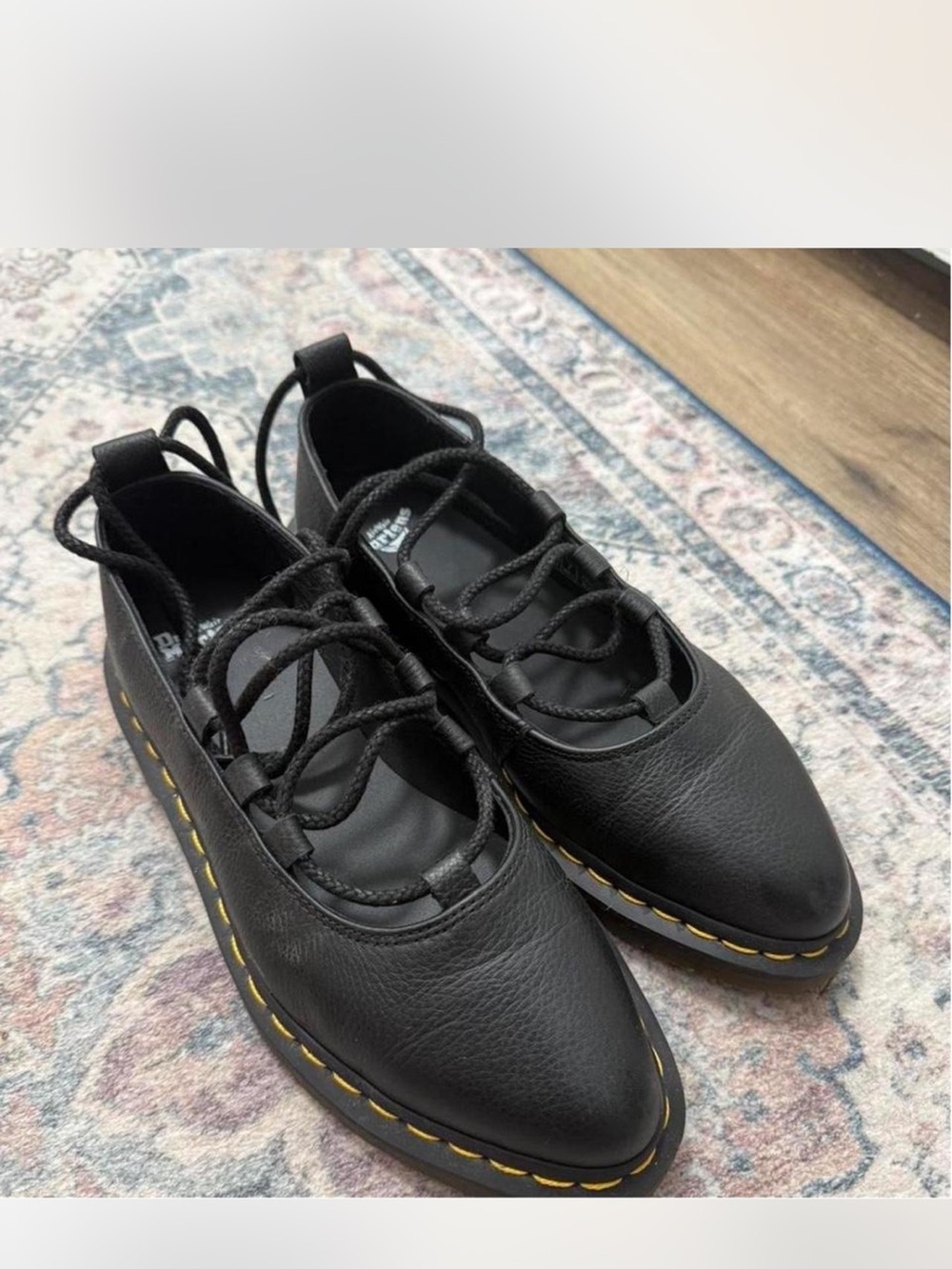 Dr. Martens Black Leather Lace-Up Flats with Yellow Stitching
